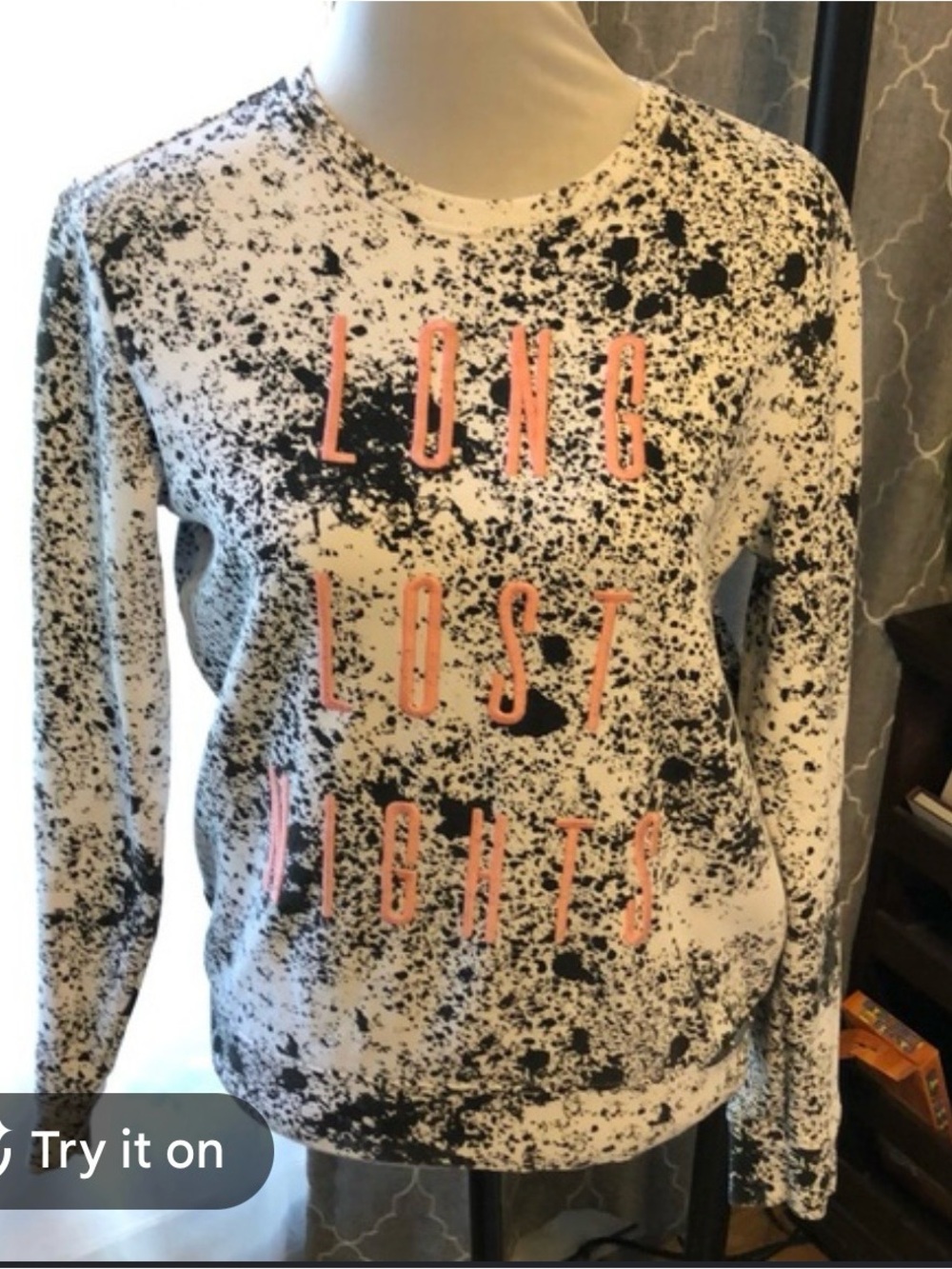 Guess White and Black Speckled Crewneck Sweatshirt with Pink Lettering